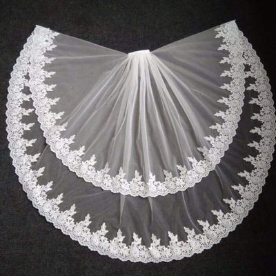 HUFFA Short Ivory Embroidered Lace Edge with Comb Boho Wedding Bridal Headdress Two Tier Veil(Ivory)