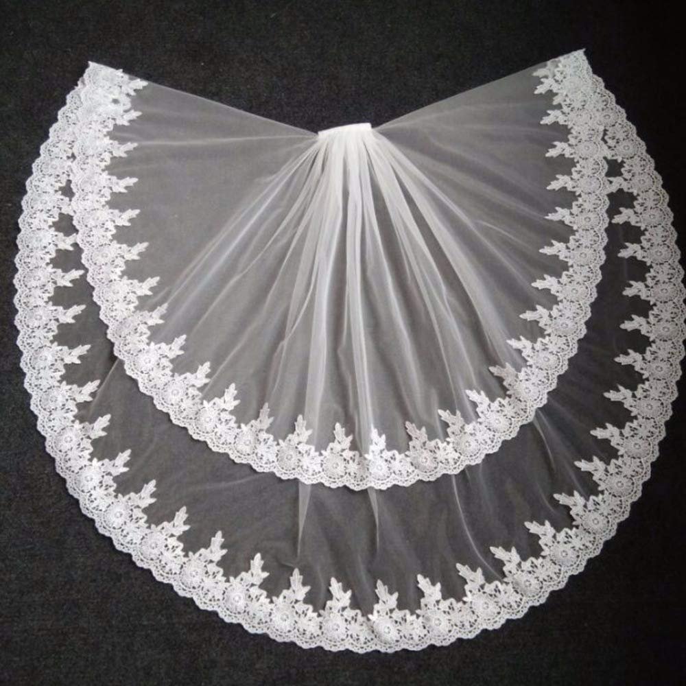 HUFFA Short Ivory Embroidered Lace Edge with Comb Boho Wedding Bridal Headdress Two Tier Veil(Ivory)
