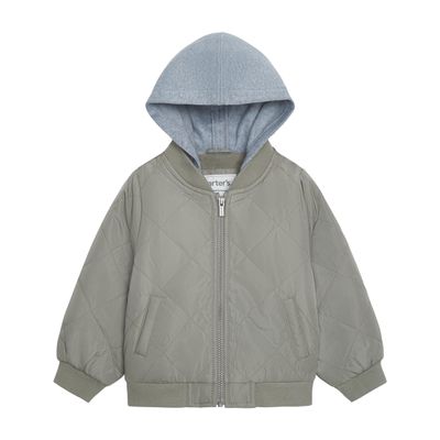 Carter's Boys Midweight Quilted Bomber Jacket with Sweatshirt-style Hood, Green, 4