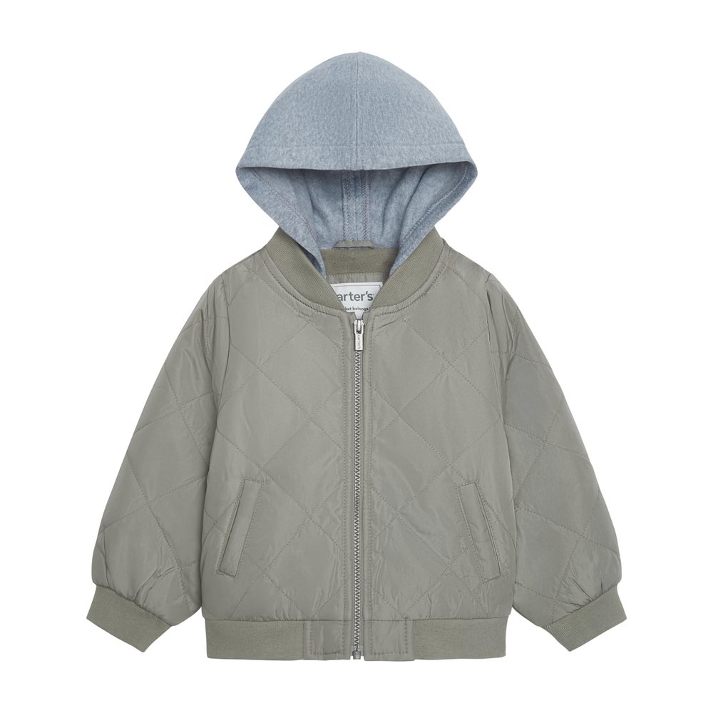 Carter's Boys Midweight Quilted Bomber Jacket with Sweatshirt-style Hood, Green, 4