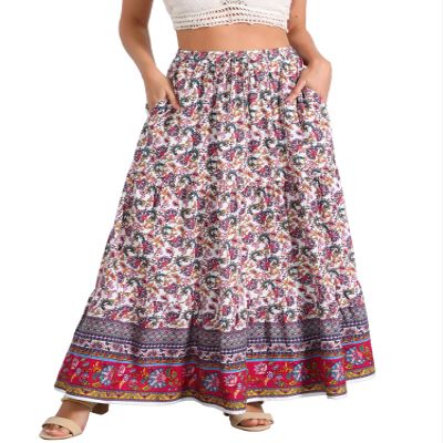 Allegra K Boho Skirt for Women's Flare Bohemian Floral Elastic Waist Flowy A-Line Vintage Casual Maxi Skirt Small White Purple