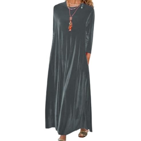 Akivide Womens Dark Gray Velvet Maxi Dress Long Sleeve Round Neck Oversized Loose-Fit Dress Trendy Fall Casual Outfit