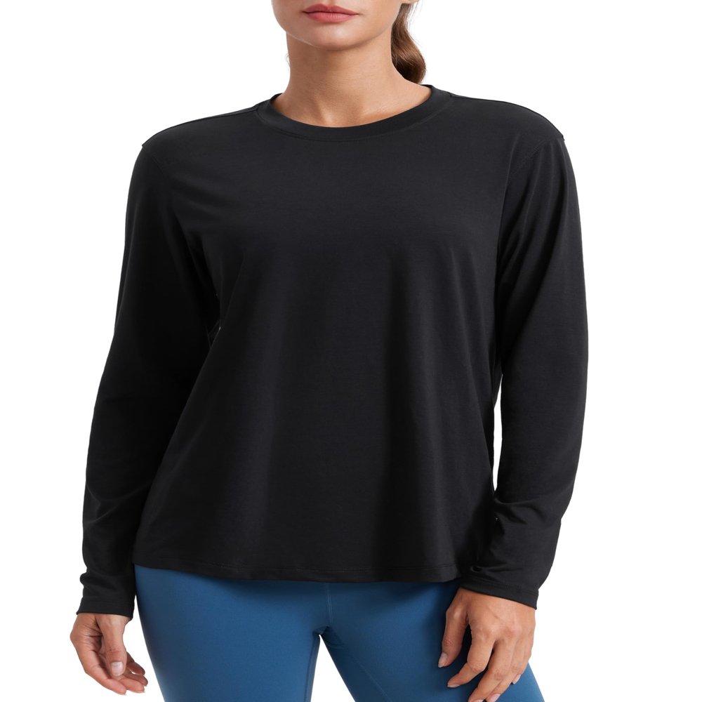 CRZ YOGA Womens Long Sleeve Tops High Crew Neck Casual Fall Shirts Basic Quick Dry Workout Athletic T-Shirt Black Medium
