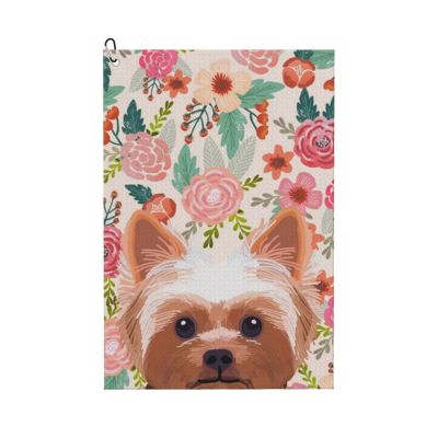 Xsovgoi Yorkshire Dogs Floral Boho Flowers Waffle Golf Towels (24"X16") for Golf Bag with Hook and Loop Fastener