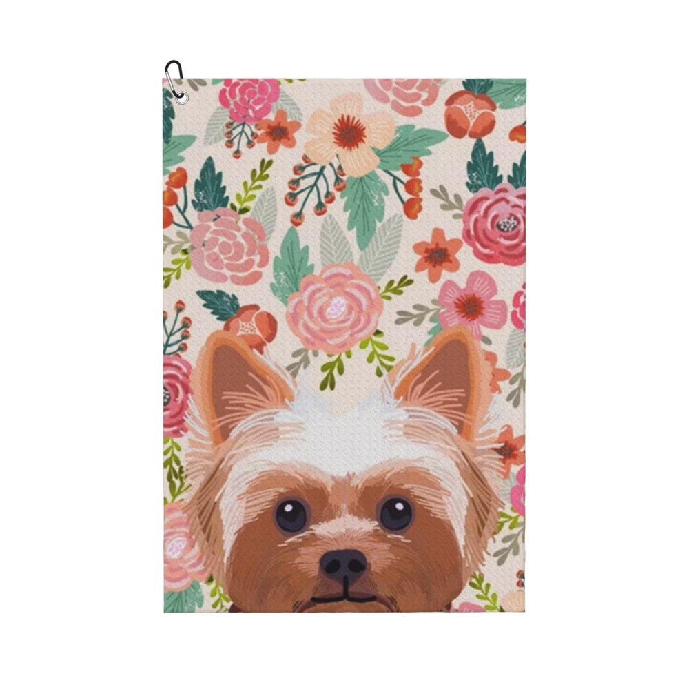 Xsovgoi Yorkshire Dogs Floral Boho Flowers Waffle Golf Towels (24"X16") for Golf Bag with Hook and Loop Fastener