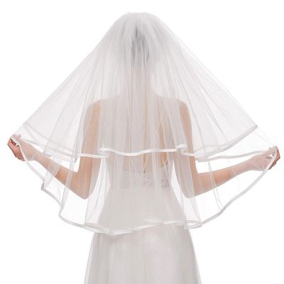 hokojix Wedding Bridal Veil with Comb Illusion Tulle Ribbon Sheer Veils Hair Accessories for Bride 2 Tiers Elbow Length
