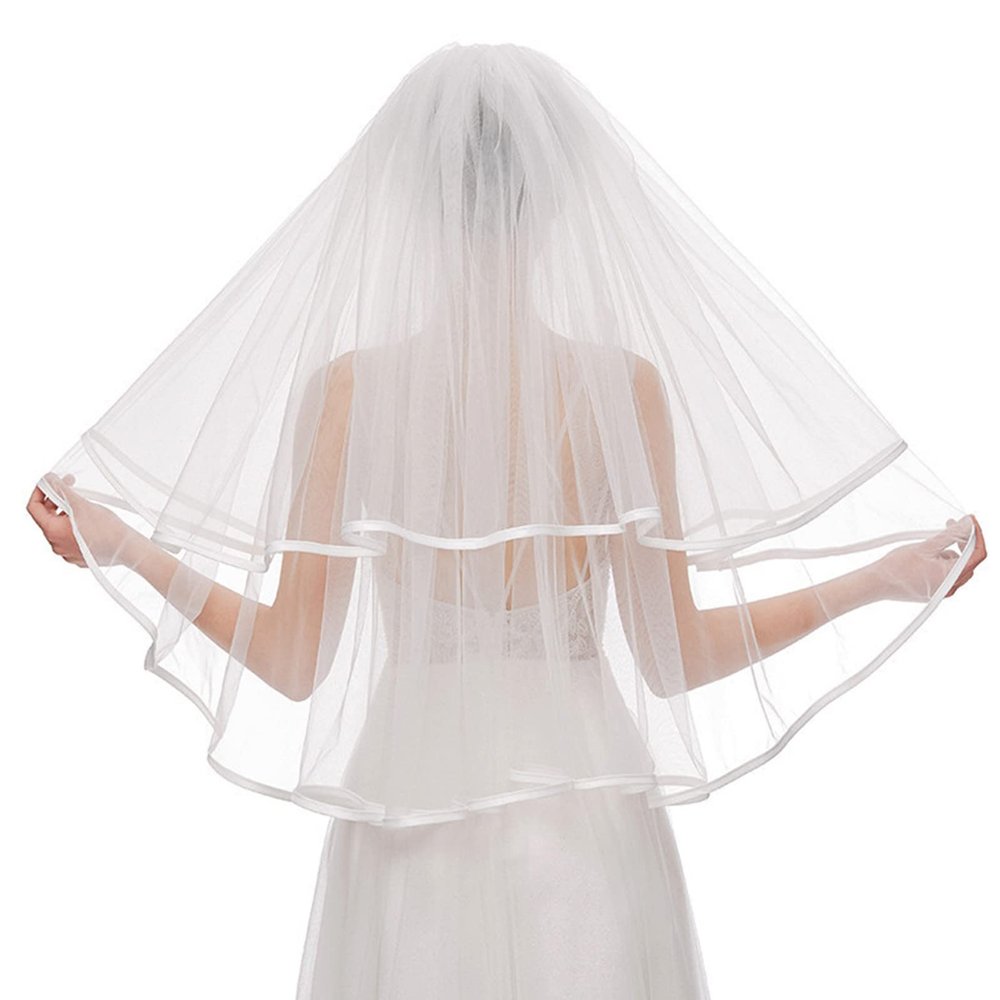 hokojix Wedding Bridal Veil with Comb Illusion Tulle Ribbon Sheer Veils Hair Accessories for Bride 2 Tiers Elbow Length