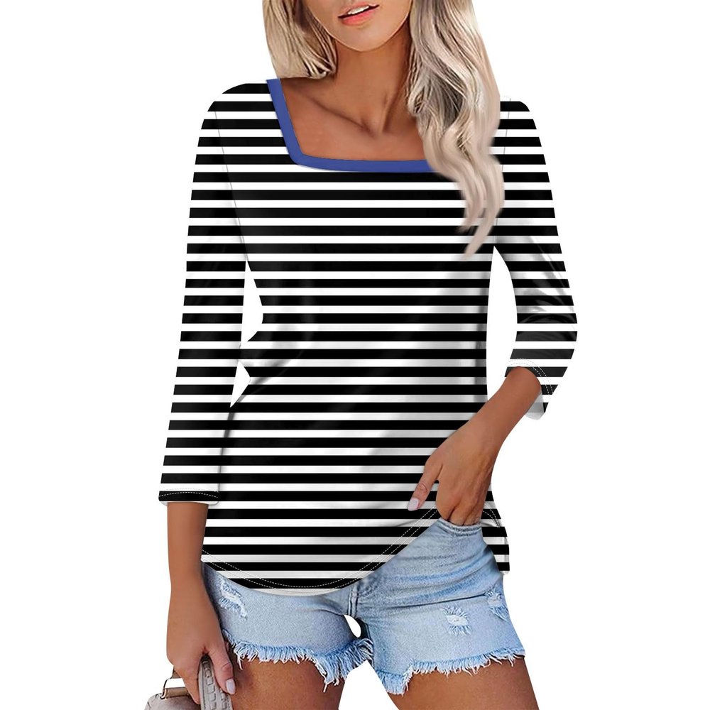 3/4 Length Sleeve Womens Tops,Striped Basic Tshirts Shirts Fall 2024 Gym Blouse Plus Size Athletic Tunic Top