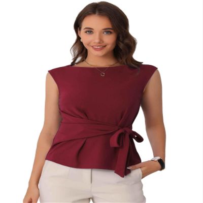 Allegra K Side Tie Tops for Women's Dressy Wrap Work Elegant Cap Sleeve Blouse X-Small Burgundy