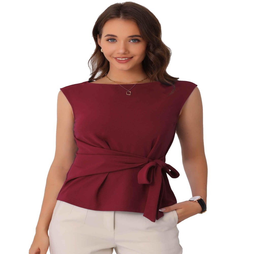 Allegra K Side Tie Tops for Women's Dressy Wrap Work Elegant Cap Sleeve Blouse X-Small Burgundy