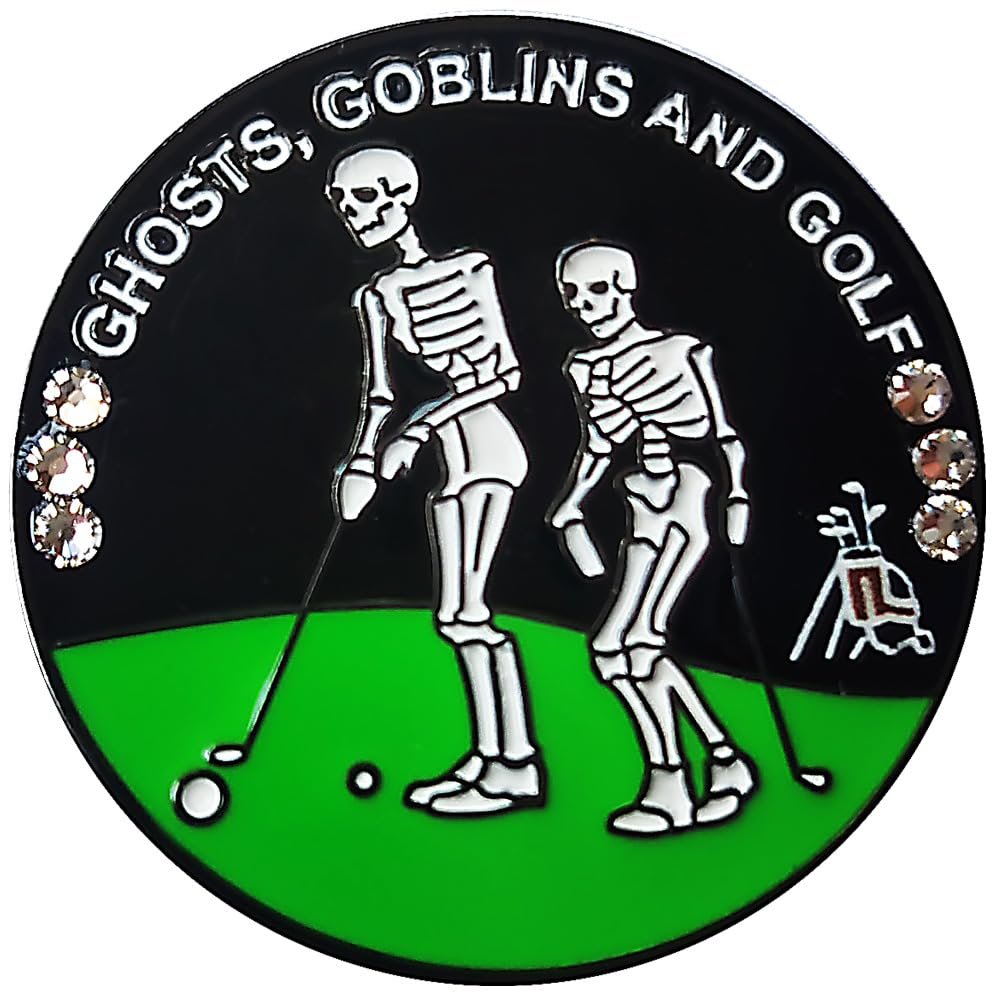 Be The Ball 4U Halloween Golf Ball Marker - Skeleton with Austrian Crystals & Spider Magnetic Hat Clip, 33mm Black Nickel, Hand-Painted