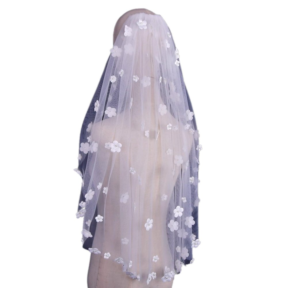 PTILSERY Bridal Veil Bride Elaborate Pearls 3D Flower Short Bachelorette Party Bride Veil Party Head Scarf