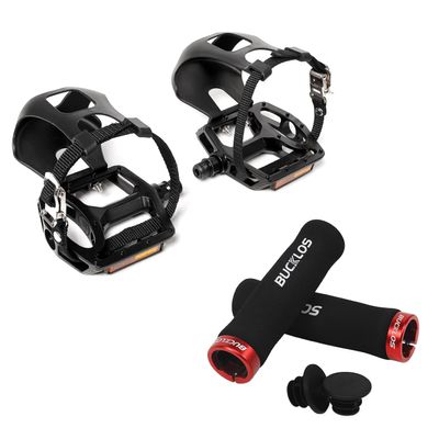 BUCKLOS Black Bike Pedals with Toe Cages and Straps with Single Lock on Bike Handlebar Grips Foam Silicone Sponge Handle Bar