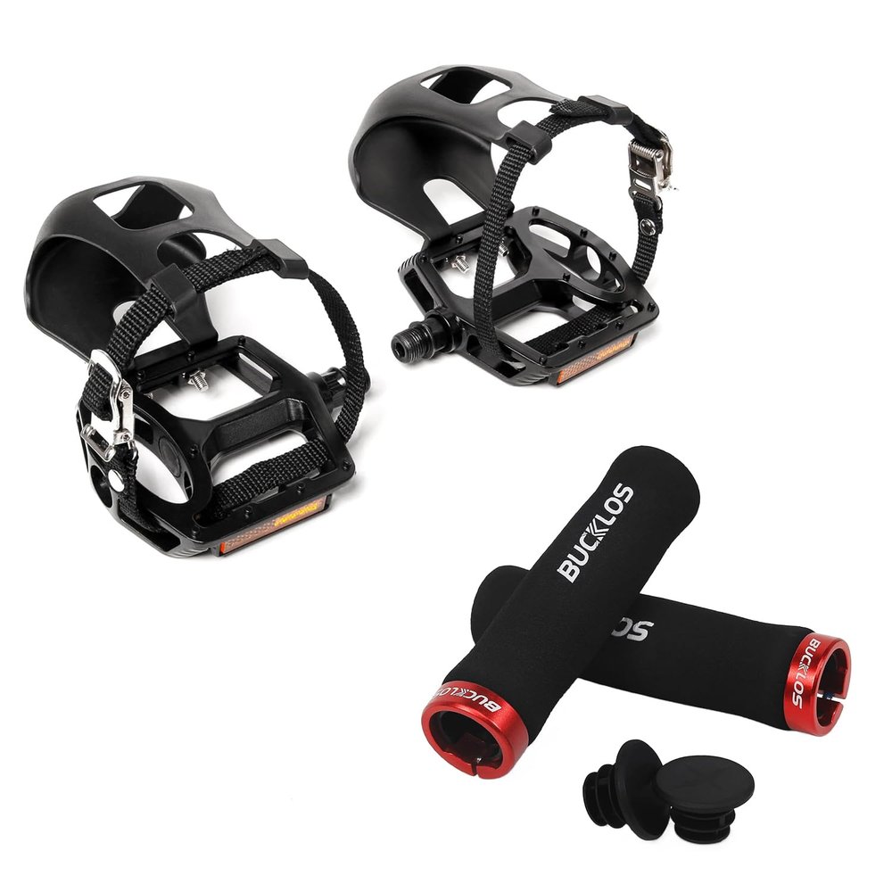 BUCKLOS Black Bike Pedals with Toe Cages and Straps with Single Lock on Bike Handlebar Grips Foam Silicone Sponge Handle Bar