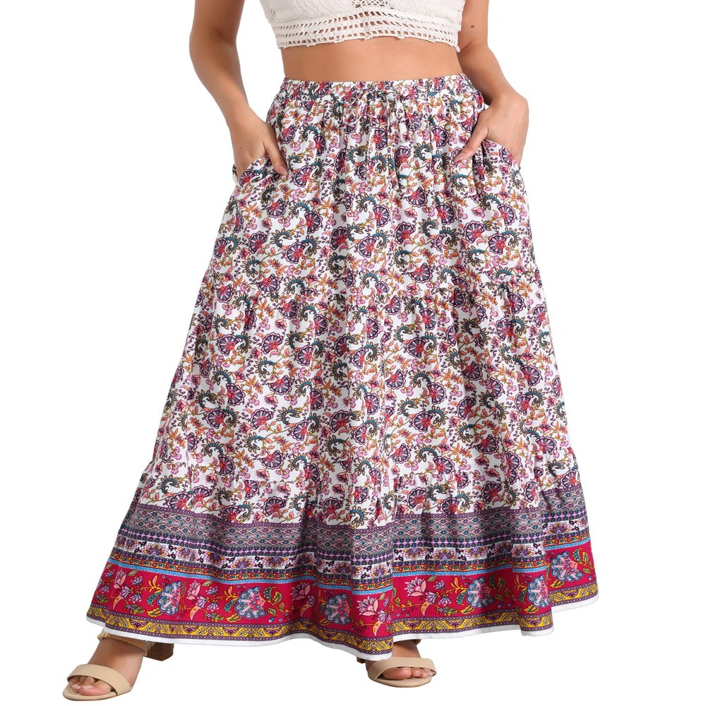 Allegra K Boho Skirt for Women's Flare Bohemian Floral Elastic Waist Flowy A-Line Vintage Casual Maxi Skirt X-Large White Purple
