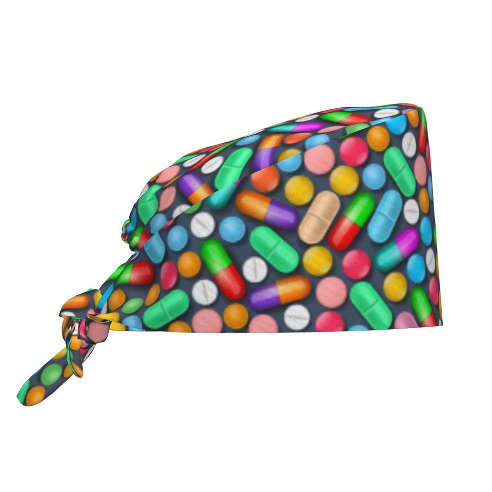 Colorful Tablets and Pills Working Cap Scrub Cap with Sweatband Adjustable Unisex Women Tie Back Hat Nurse Surgical Caps