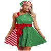YEAHDOR Womens Xmas Santa Claus Costume Shining Sequins Dance Dress Candy Cane Costume with Santa Hat Green Large view 1