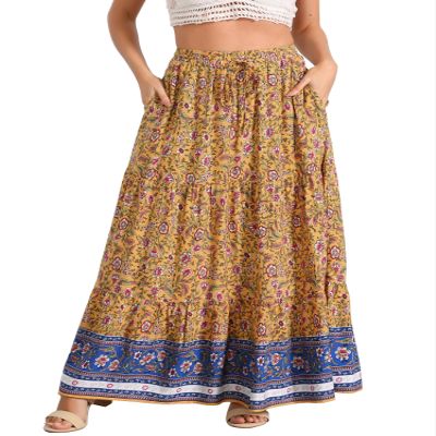 Allegra K Boho Skirt for Women's Flare Bohemian Floral Elastic Waist Flowy A-Line Vintage Casual Maxi Skirt X-Large Yellow
