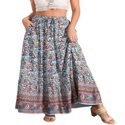Allegra K Boho Skirt for Women's Flare Bohemian Floral Elastic Waist Flowy A-Line Vintage Casual Maxi Skirt X-Large Blue