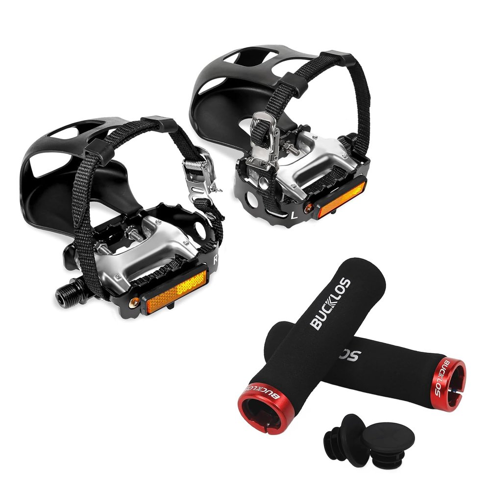 BUCKLOS White Bike Pedals with Toe Cages and Straps with Single Lock on Bike Handlebar Grips Foam Silicone Sponge Handle Bar