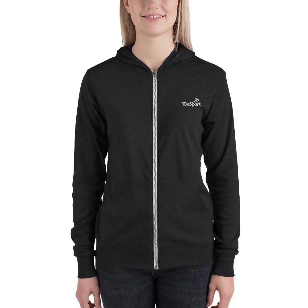 10xSport Unisex Zip Hoodie - Lightweight, Modern Fit with Hood, Front Zip & Kangaroo Pocket (XS, Black)