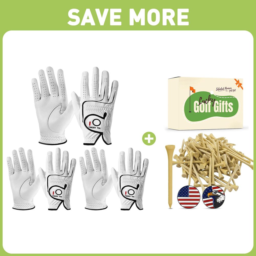 FINGER TEN Mens All Premium Soft Cabretta Leather Tour Fit Grip Left Hand Lh Bamboo Golf Tees Wood 2 3/4 3 1/4 Inch Wooden Tee Color Bulk