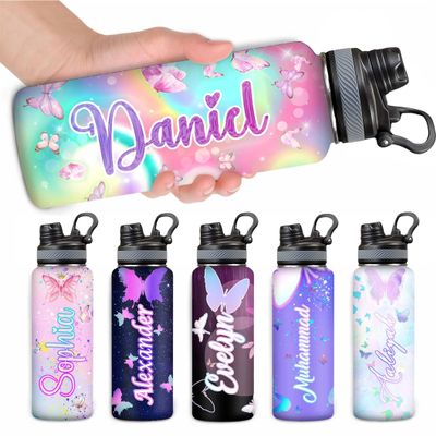 MyPupSocks Personalized Butterfly Water Bottle for Girl, Cute Girls Water Bottles with Name, Waterbottle Customize for Mom Daughter Granddaughter Birthday Wedding Christmas Anniversary