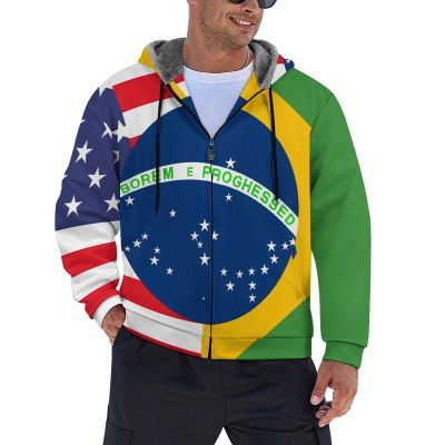 Brazil U.S. Friendship Flag Men's Fleece Hoodie Zippered Up Sweatshirts Thick Jacket Warm Winter Coat
