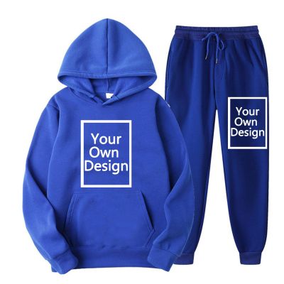 Binmer Custom Sweatsuit for Women Men Personalized Hoodies Sweatshirt +Sweatpant Design Your Own Tracksuit for Valentine Gift A-Blue