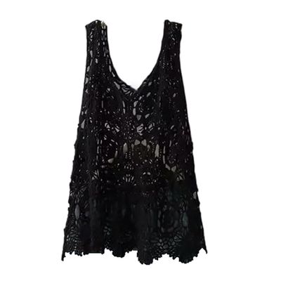 LIXINGHEITANG Women Spring Crochet Camisole Bohemian Out Collar Knitted Vest Casual Loose Sleeveless Top s1 Black8 M