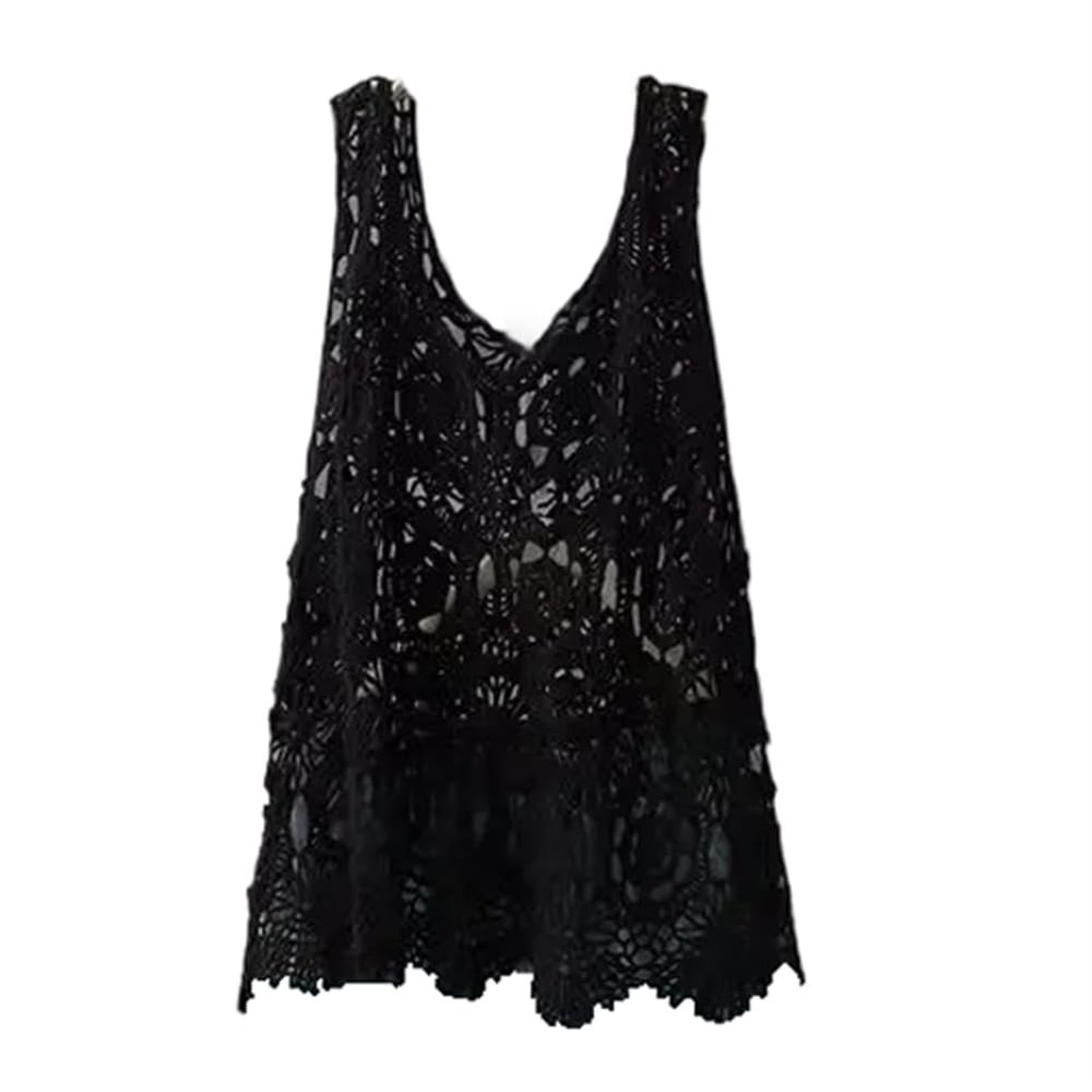 LIXINGHEITANG Women Spring Crochet Camisole Bohemian Out Collar Knitted Vest Casual Loose Sleeveless Top s1 Black8 M