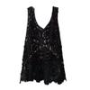 LIXINGHEITANG Women Spring Crochet Camisole Bohemian Out Collar Knitted Vest Casual Loose Sleeveless Top s1 Black8 M view 1