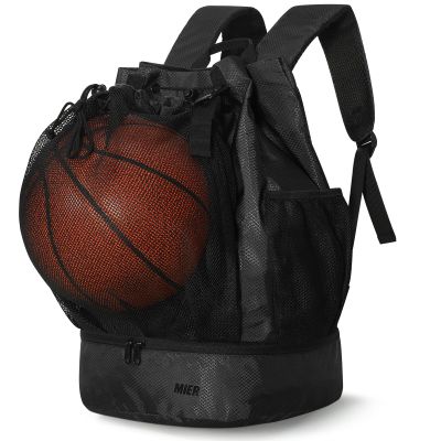 MIER Drawstring Basketball Backpack Soccer Bag with Shoe Compartment & Mesh Pocket Sports Gym String Backpack for Women Men, Lightweight Black