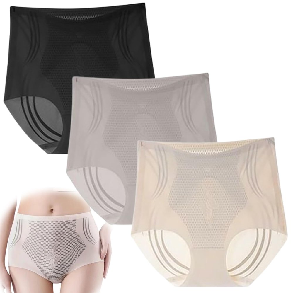 3PCS High Waist Seamless Liquid Ice Silk Shaping Pants Women Butt Lifting Ice Silk Body Shapewear (A,M)