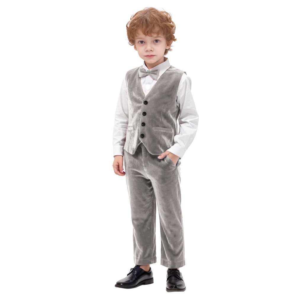 Meleg lels Boy Velvet Suit 2PC Suits Vest Pants Solid Slim Fit Formal Dresswear Outfit Suit for Toddler Kid Smoky Grey