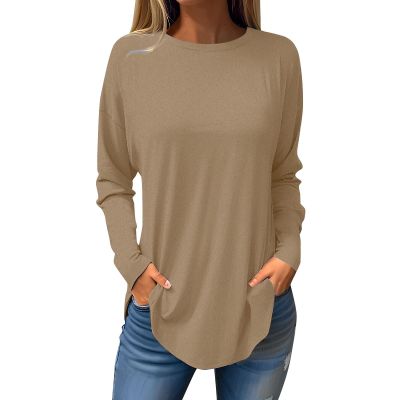Prime Big Deal Days October 8-9 Tunic Sweatshirt Womens Long Sleeve Shirts Casual Fall Teacher Shirt Womens Plus Size Long Sleeve T Shirts Fall Trends Women 2024 Basic Tops for Woman 2-Khaki X-Large