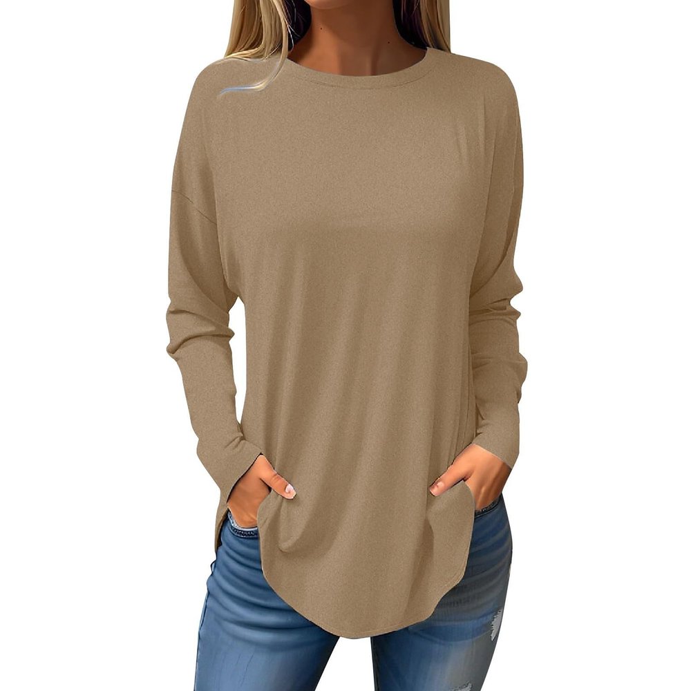 Prime Big Deal Days October 8-9 Tunic Sweatshirt Womens Long Sleeve Shirts Casual Fall Teacher Shirt Womens Plus Size Long Sleeve T Shirts Fall Trends Women 2024 Basic Tops for Woman 2-Khaki X-Large