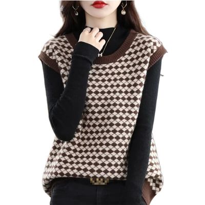 LIXINGHEITANG Autumn Winter Women Retro Sleeveless Loose Sweater Vest Female Casual Streetwear O Neck Knitted Waistcoat s2 Khaki S