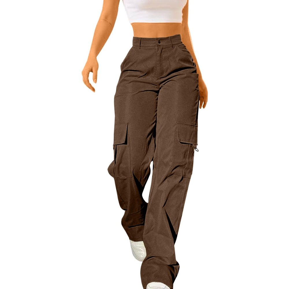 Y2K Cargo Pants Women Trendy High Waisted Parachute Pants Straight Drawstring Casual Pants with Pockets(1A-Brown, M)