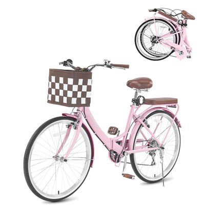 BGGFNZ 26 Inch Foldable Beach Cruiser Bike Womens Bicycle with Basket, 7 Speed Bikes for Women, Womens Bike Commuter Bicycle for Adult, Dual V-Brake Complete Cruiser Bikes, 330lbs Capacity (Pink)