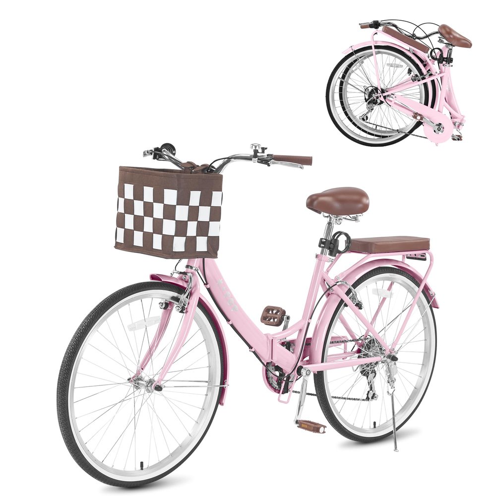 BGGFNZ 26 Inch Foldable Beach Cruiser Bike Womens Bicycle with Basket, 7 Speed Bikes for Women, Womens Bike Commuter Bicycle for Adult, Dual V-Brake Complete Cruiser Bikes, 330lbs Capacity (Pink)