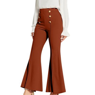 Womens Classy High Waist Double Breasted Flared Sailor Trousers Pants with Hide Zipper Tummy Button Wide Leg Pant(Brown, S)