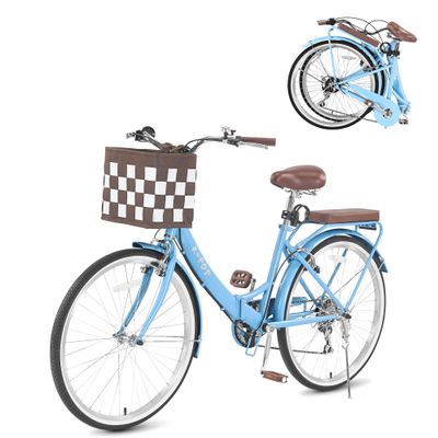 BGGFNZ 26 Inch Foldable Beach Cruiser Bike Womens Bicycle with Basket, 7 Speed Bikes for Women, Womens Bike Commuter Bicycle for Adult, Dual V-Brake Complete Cruiser Bikes, 330lbs Capacity (Blue)