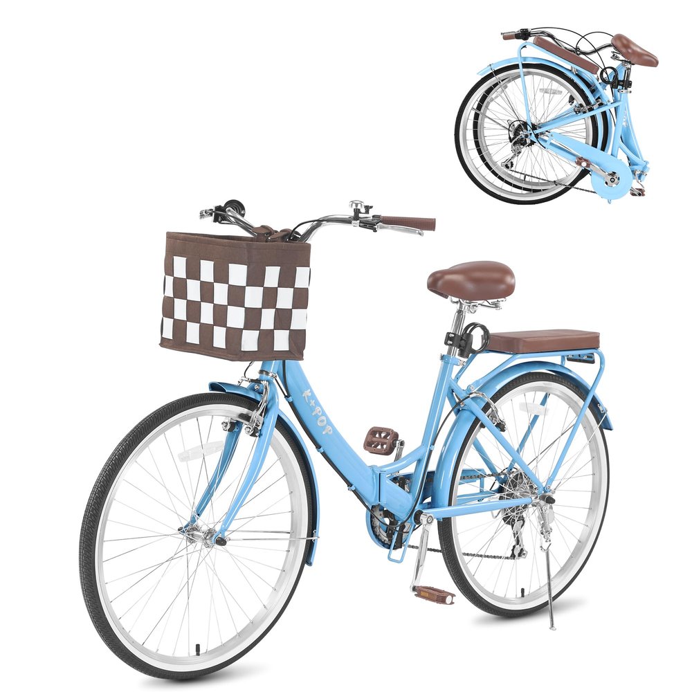 BGGFNZ 26 Inch Foldable Beach Cruiser Bike Womens Bicycle with Basket, 7 Speed Bikes for Women, Womens Bike Commuter Bicycle for Adult, Dual V-Brake Complete Cruiser Bikes, 330lbs Capacity (Blue)