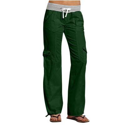 Cargo Pants Women with Flap Pockets High Waisted Side Tie Hem Straight Leg Drawstring Hiking Pants for Travel Joggers(1B-AG, L)