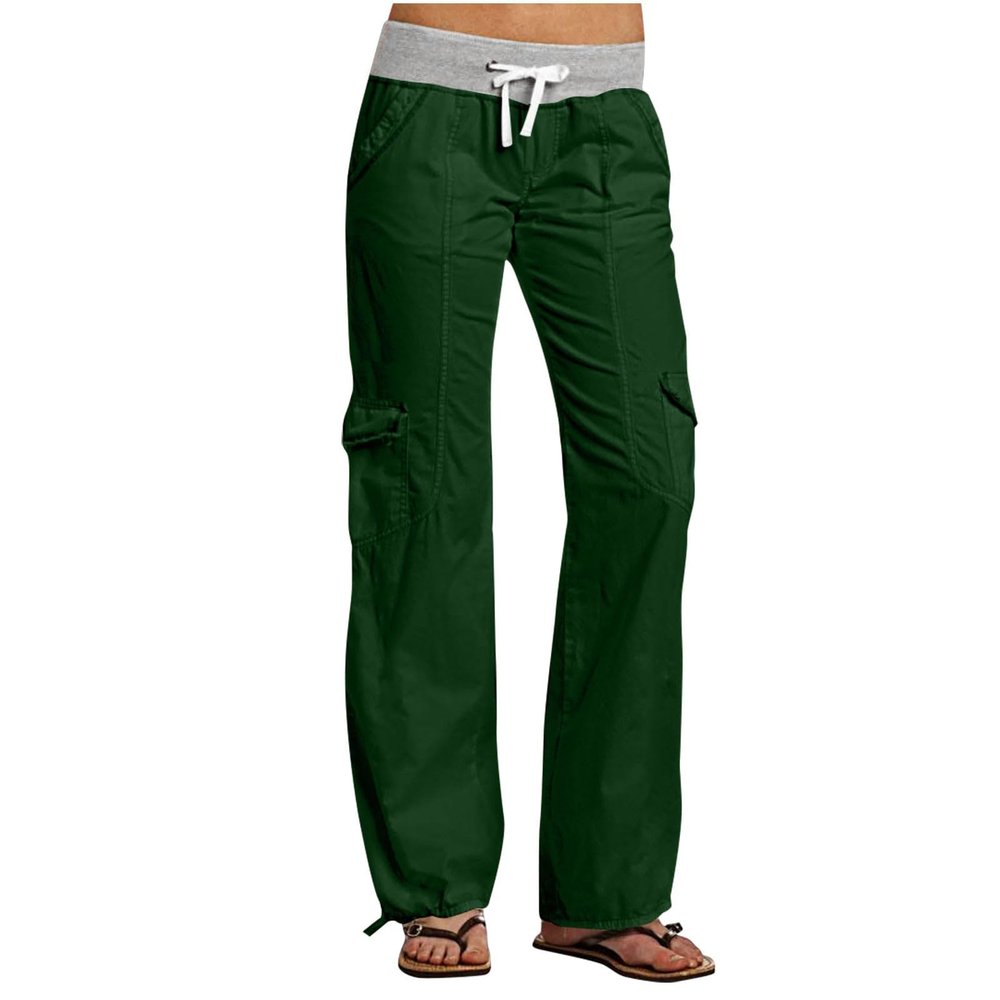 Cargo Pants Women with Flap Pockets High Waisted Side Tie Hem Straight Leg Drawstring Hiking Pants for Travel Joggers(1B-AG, L)