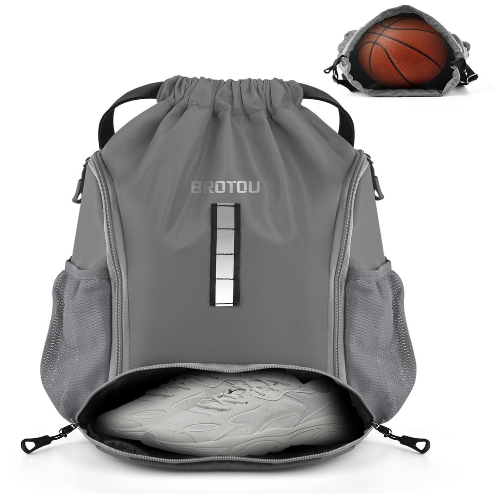 BROTOU Soccer Drawstring Backpack, Basketball Bag, Volleyball Football Bags with Ball and Shoe Compartment (1- Reflective strip, Gray)