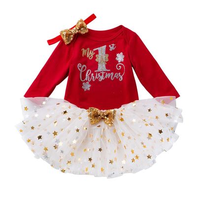 Infant Baby Christmas Romper Set Newborn Girls Tops+Skirt+Bow Knot Headband Suit Cute Toddler Kids (Red, 0-3 Months)