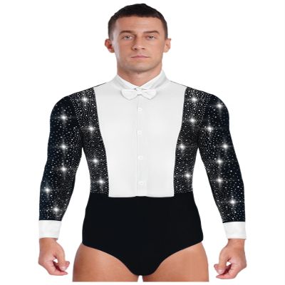 Sinleey Men's One Piece Dance Shirt Salsa Rumba Tango Latin Dance Bodysuit Tuxedo Leotard with Bowtie Black Medium
