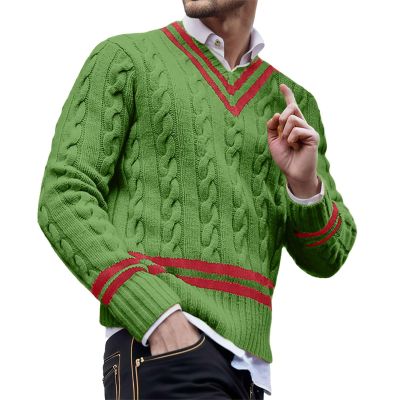 Men's V Neck Sweater Striped Cable Knit Pullover Sweater Casual Long Sleeve Twist Patterned Sweaters Green